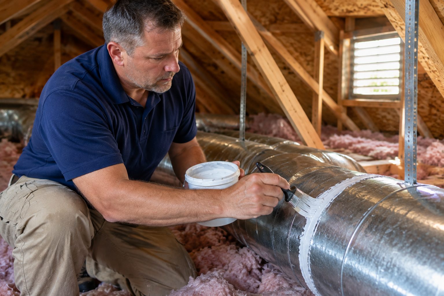 Technician performing air duct sealing on attic ductwork in Naples, FL