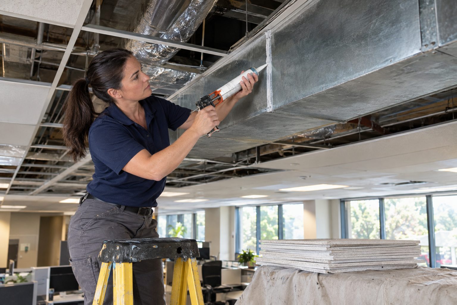Commercial air duct sealing on ductwork above a drop ceiling in Naples