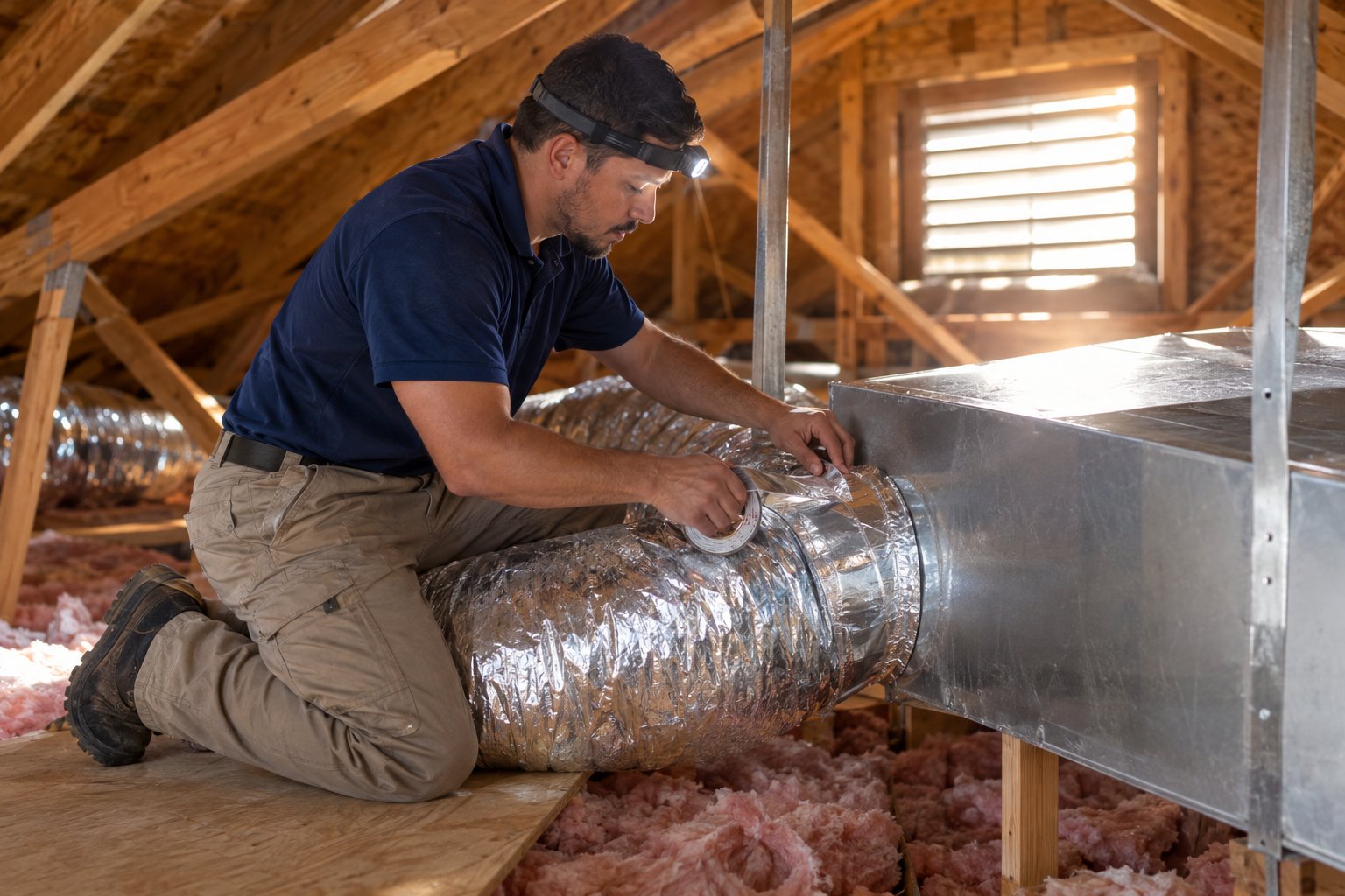 Residential air duct sealing in a Naples home attic
